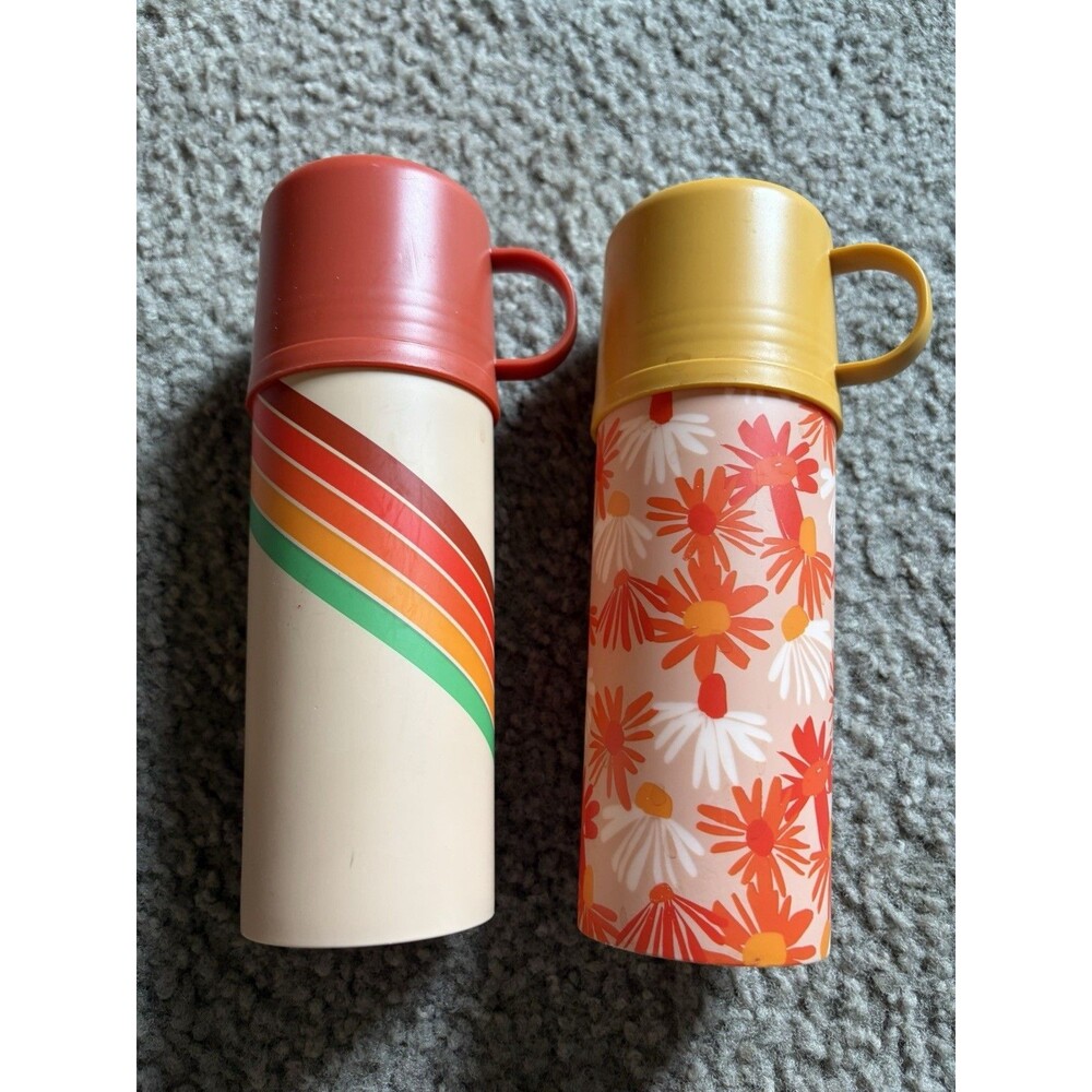 RETRO 1970'S THERMOS BOTTLE STYLE GROOVY FLOWERED TRAVEL DRINK CUP TUMBLER